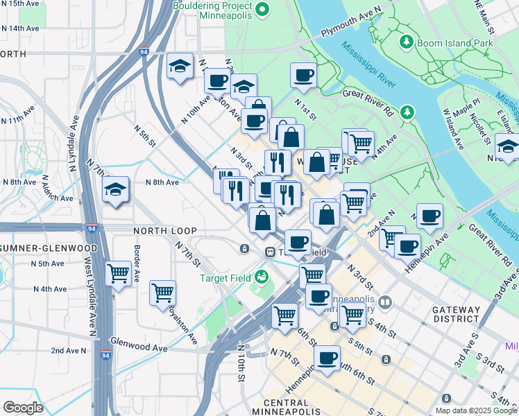 map of restaurants, bars, coffee shops, grocery stores, and more near 520 North 4th Street in Minneapolis