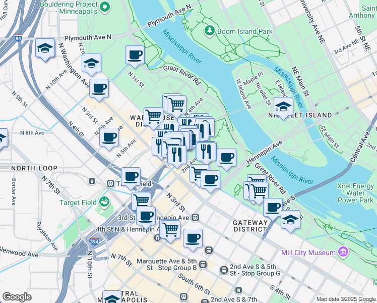 map of restaurants, bars, coffee shops, grocery stores, and more near 212 North 2nd Street in Minneapolis