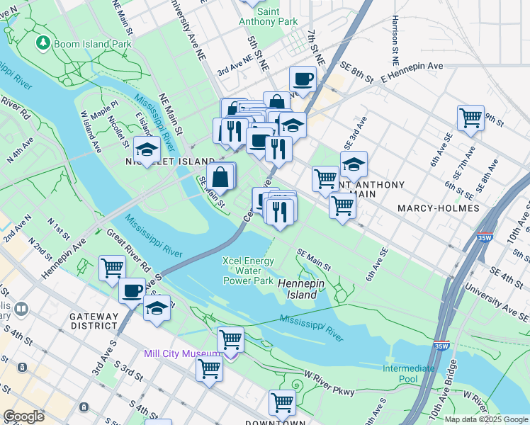 map of restaurants, bars, coffee shops, grocery stores, and more near 117 1/2 Southeast Main Street in Minneapolis