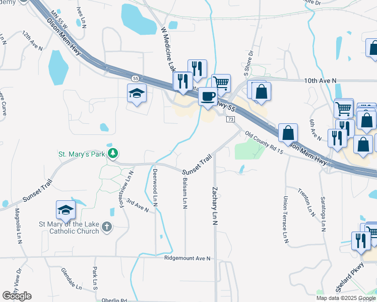 map of restaurants, bars, coffee shops, grocery stores, and more near 510 Cottonwood Lane North in Plymouth