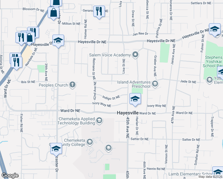 map of restaurants, bars, coffee shops, grocery stores, and more near 4345 Jackpine Street Northeast in Salem