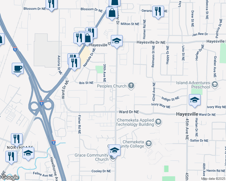 map of restaurants, bars, coffee shops, grocery stores, and more near 4500 North Newcastle Circle Northeast in Salem