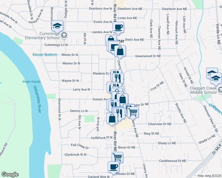 map of restaurants, bars, coffee shops, grocery stores, and more near 4131 River Road North in Keizer
