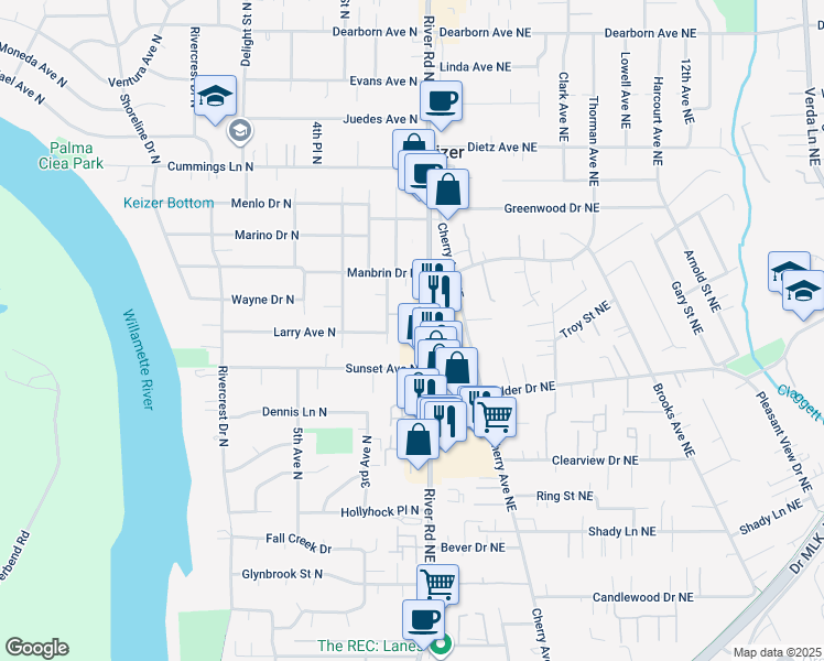 map of restaurants, bars, coffee shops, grocery stores, and more near 4131 River Road North in Keizer