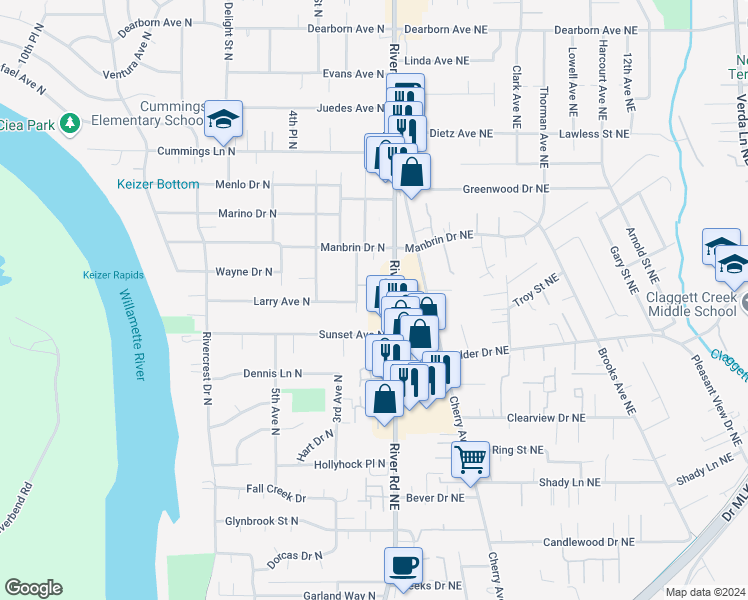 map of restaurants, bars, coffee shops, grocery stores, and more near 4131 River Road North in Keizer