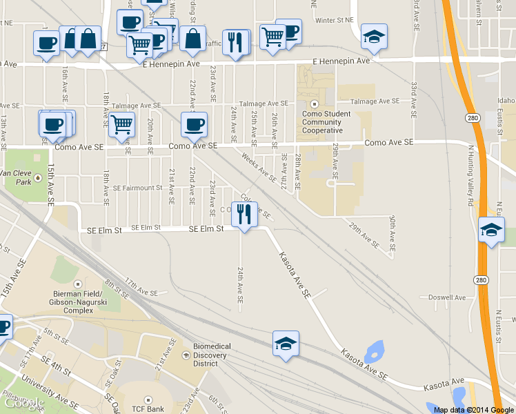 map of restaurants, bars, coffee shops, grocery stores, and more near 846 25th Avenue Southeast in Minneapolis