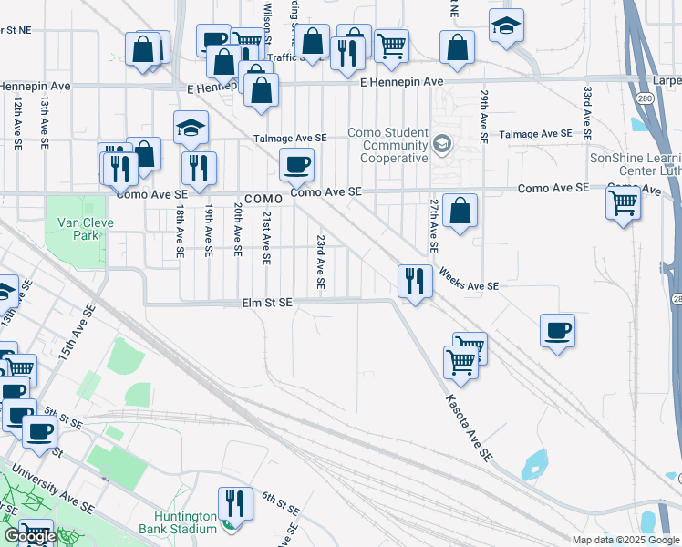 map of restaurants, bars, coffee shops, grocery stores, and more near 847 24th Avenue Southeast in Minneapolis