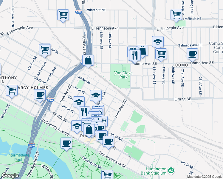 map of restaurants, bars, coffee shops, grocery stores, and more near 815 Rollins Avenue Southeast in Minneapolis