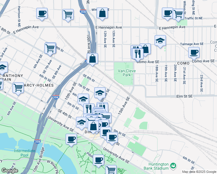 map of restaurants, bars, coffee shops, grocery stores, and more near 800 13th Avenue Southeast in Minneapolis