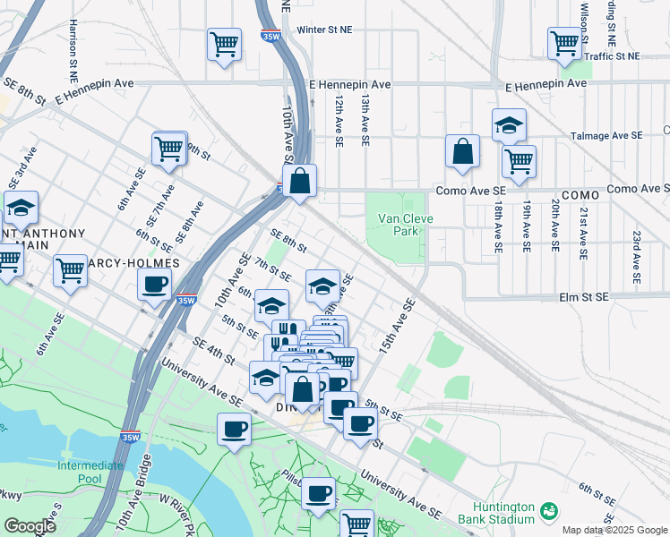 map of restaurants, bars, coffee shops, grocery stores, and more near 716 12th Avenue Southeast in Minneapolis