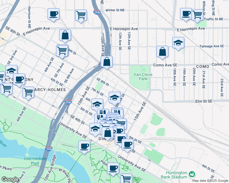 map of restaurants, bars, coffee shops, grocery stores, and more near 716 12th Avenue Southeast in Minneapolis