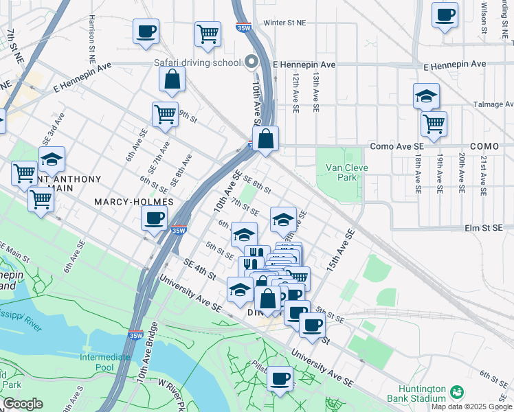 map of restaurants, bars, coffee shops, grocery stores, and more near 1109 Southeast 7th Street in Minneapolis