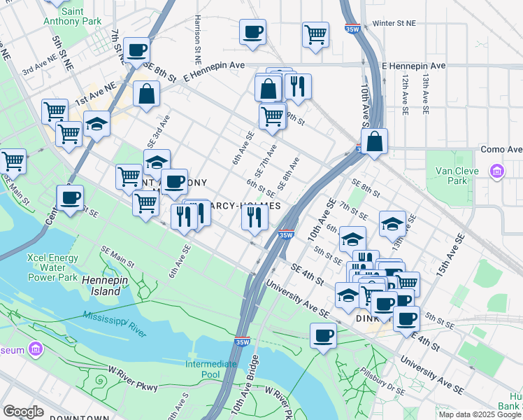 map of restaurants, bars, coffee shops, grocery stores, and more near 500 Southeast 8th Avenue in Minneapolis