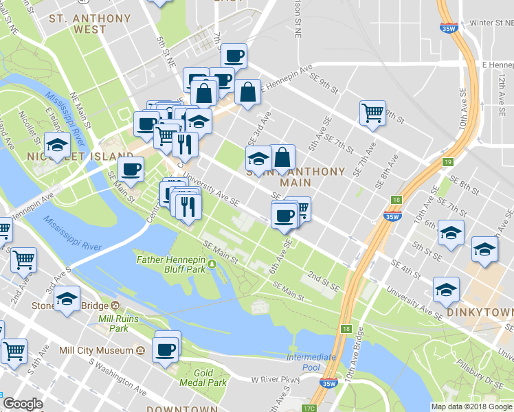 map of restaurants, bars, coffee shops, grocery stores, and more near in Minneapolis