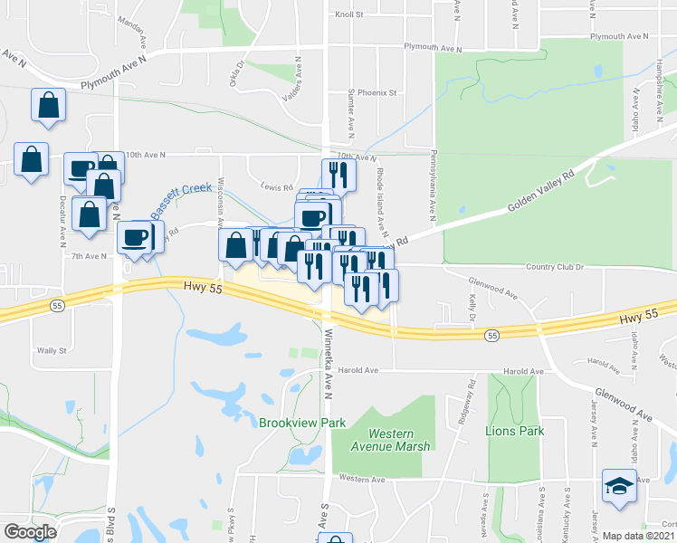 map of restaurants, bars, coffee shops, grocery stores, and more near 550 Winnetka Ave N in Golden Valley