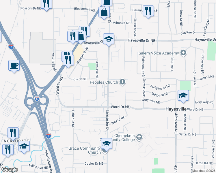 map of restaurants, bars, coffee shops, grocery stores, and more near 4500 North Newcastle Circle Northeast in Salem