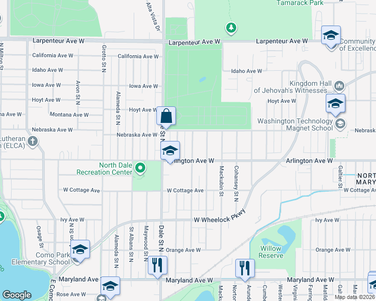 map of restaurants, bars, coffee shops, grocery stores, and more near 1460 Danforth Street North in Saint Paul