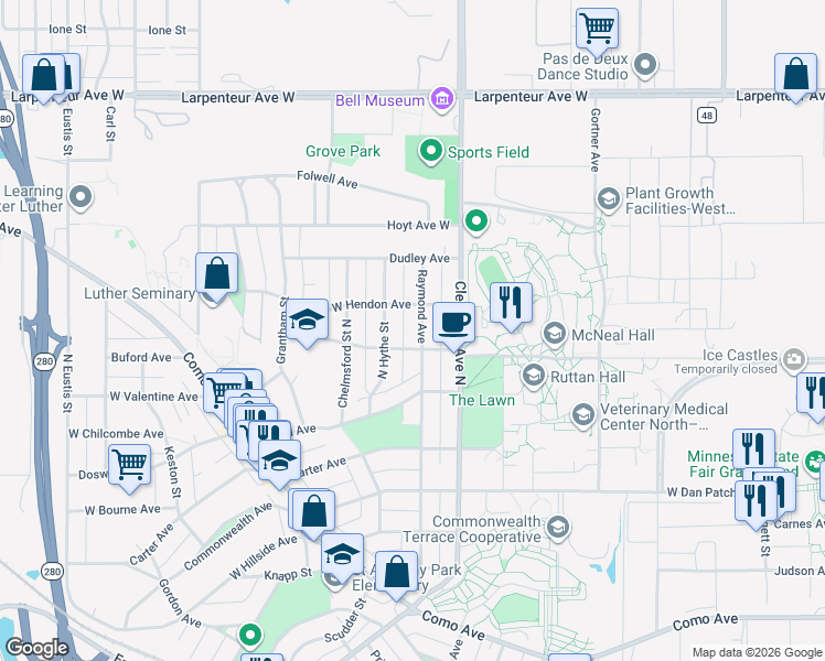map of restaurants, bars, coffee shops, grocery stores, and more near 1443 Raymond Avenue in Saint Paul