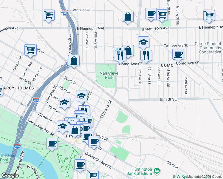 map of restaurants, bars, coffee shops, grocery stores, and more near 1420 Rollins Avenue Southeast in Minneapolis
