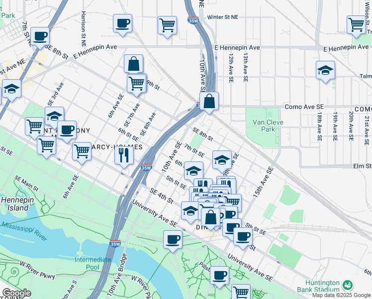 map of restaurants, bars, coffee shops, grocery stores, and more near 1016 Southeast 7th Street in Minneapolis