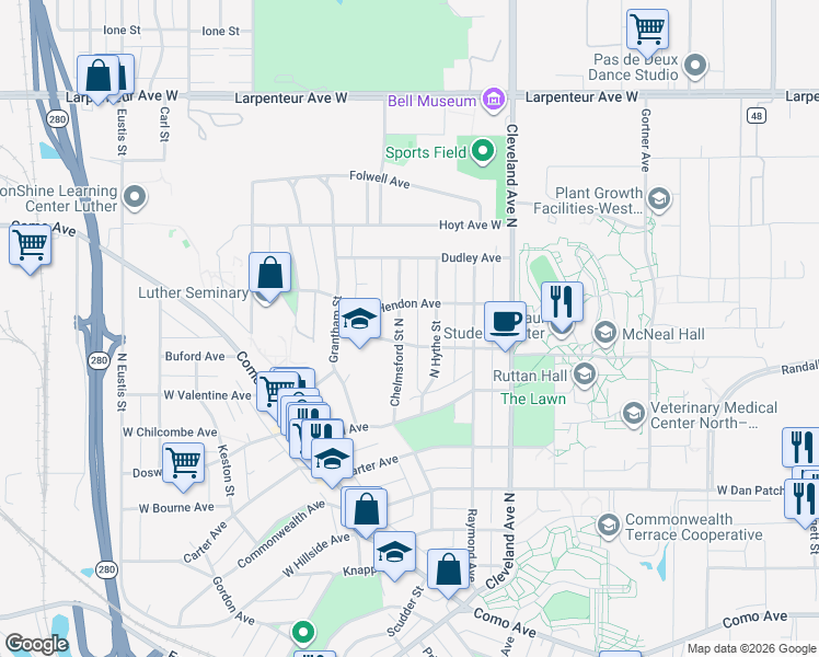 map of restaurants, bars, coffee shops, grocery stores, and more near 1449 North Hythe Street in Saint Paul