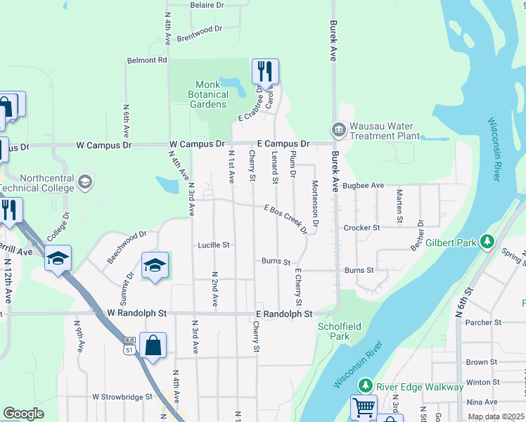 map of restaurants, bars, coffee shops, grocery stores, and more near 1623 Cherry Street in Wausau