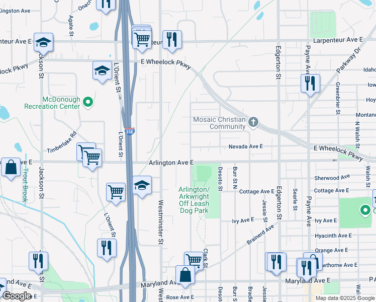 map of restaurants, bars, coffee shops, grocery stores, and more near 1457 North Arkwright Street in Saint Paul