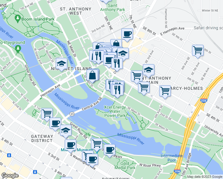 map of restaurants, bars, coffee shops, grocery stores, and more near 117 1/2 Southeast Main Street in Minneapolis