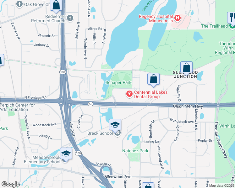 map of restaurants, bars, coffee shops, grocery stores, and more near 4950 Olson Memorial Highway in Golden Valley