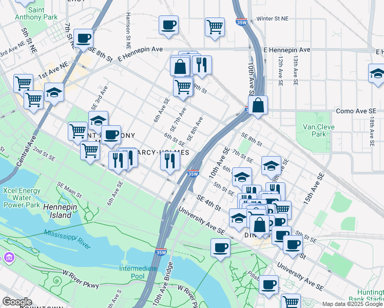 map of restaurants, bars, coffee shops, grocery stores, and more near 820 6th Avenue Southeast in Minneapolis