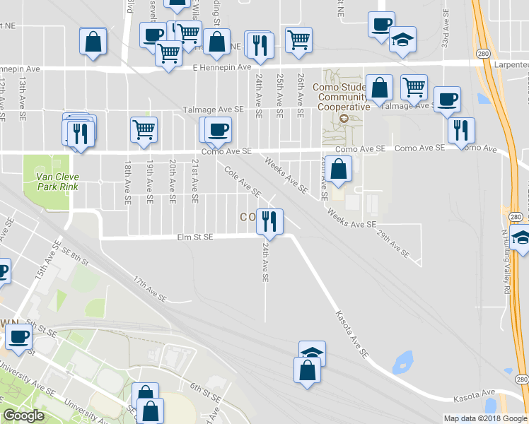 map of restaurants, bars, coffee shops, grocery stores, and more near 847 24th Avenue Southeast in Minneapolis