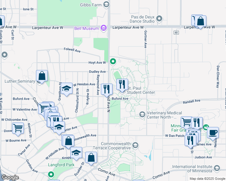 map of restaurants, bars, coffee shops, grocery stores, and more near 3811 Buford Avenue in Falcon Heights