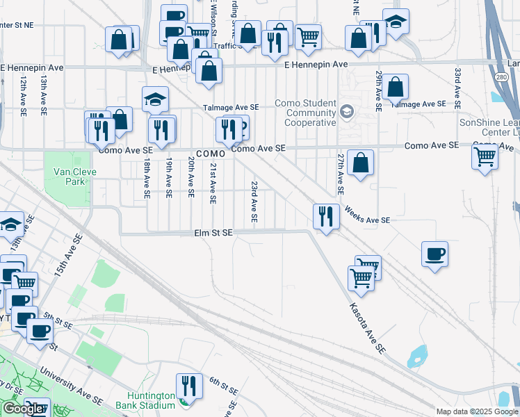 map of restaurants, bars, coffee shops, grocery stores, and more near 815 23rd Avenue Southeast in Minneapolis