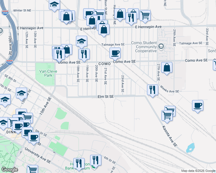 map of restaurants, bars, coffee shops, grocery stores, and more near 847 22nd Avenue Southeast in Minneapolis