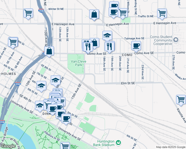 map of restaurants, bars, coffee shops, grocery stores, and more near 1600 Rollins Avenue Southeast in Minneapolis
