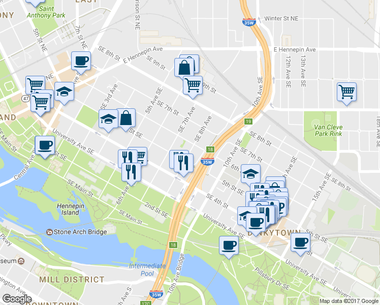 map of restaurants, bars, coffee shops, grocery stores, and more near 500 Southeast 8th Avenue in Minneapolis