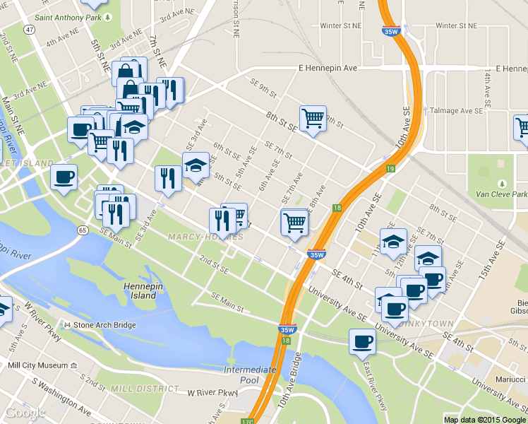 map of restaurants, bars, coffee shops, grocery stores, and more near 615 4th Street Southeast in Minneapolis