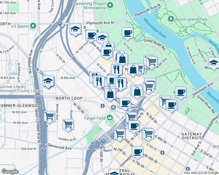 map of restaurants, bars, coffee shops, grocery stores, and more near 520 North 4th Street in Minneapolis