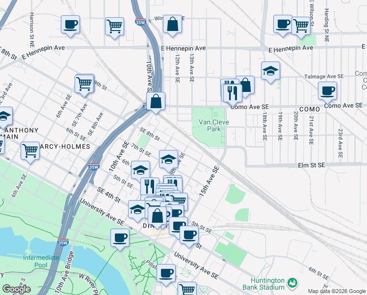 map of restaurants, bars, coffee shops, grocery stores, and more near 800 13th Avenue Southeast in Minneapolis
