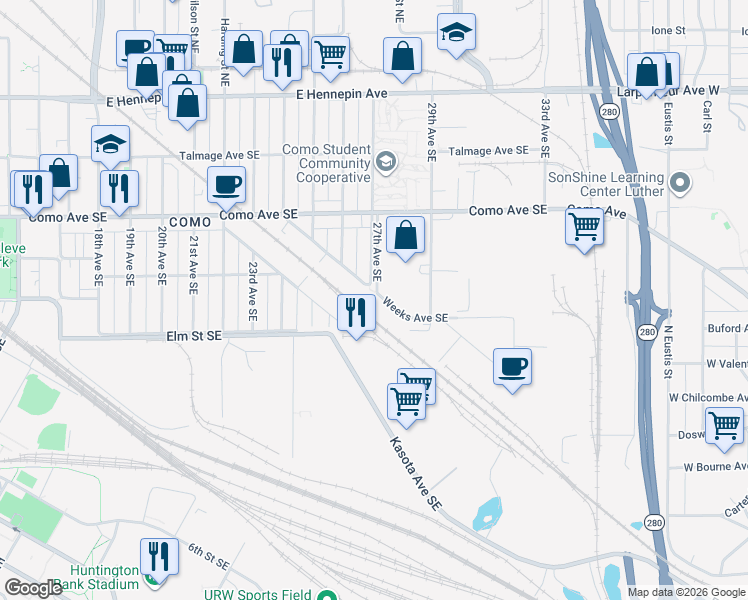 map of restaurants, bars, coffee shops, grocery stores, and more near 831 Weeks Avenue Southeast in Minneapolis