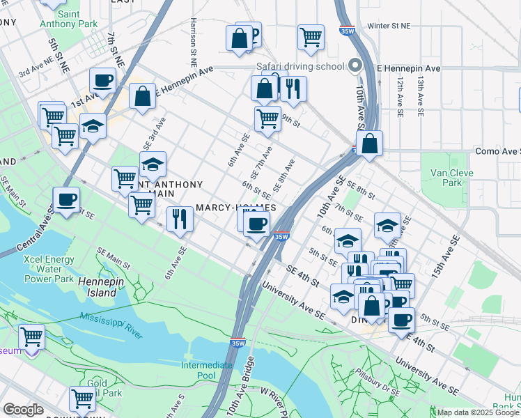 map of restaurants, bars, coffee shops, grocery stores, and more near 500 Southeast 8th Avenue in Minneapolis