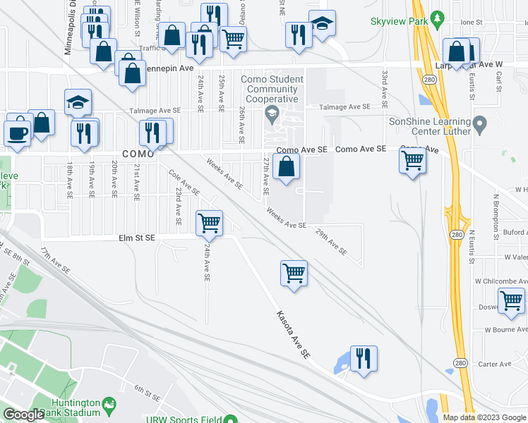 map of restaurants, bars, coffee shops, grocery stores, and more near 833 Weeks Avenue Southeast in Minneapolis