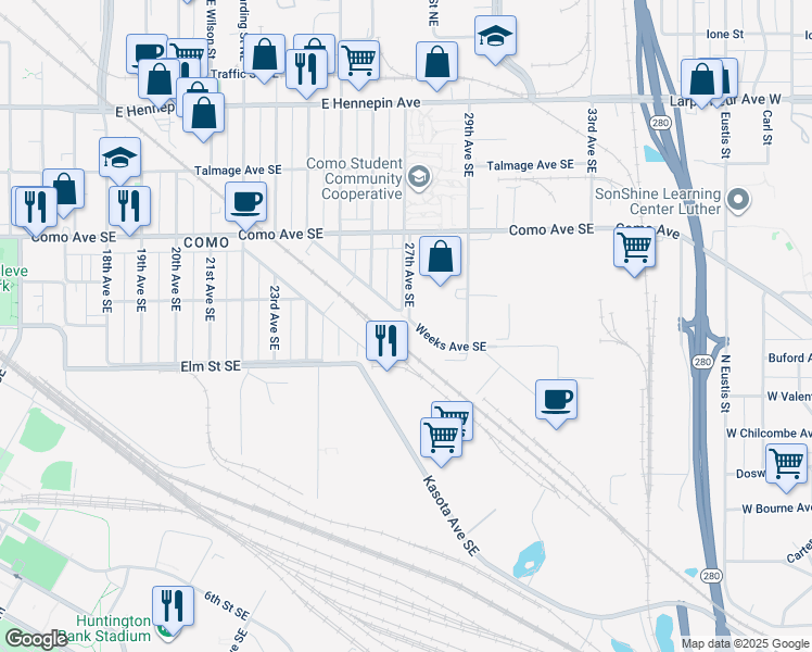 map of restaurants, bars, coffee shops, grocery stores, and more near 831 Weeks Avenue Southeast in Minneapolis