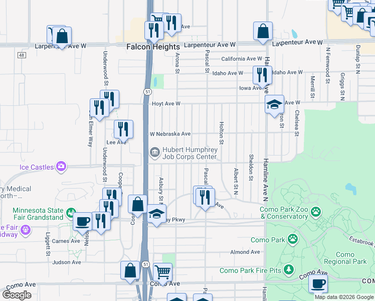 map of restaurants, bars, coffee shops, grocery stores, and more near 1455 Simpson Street in Saint Paul