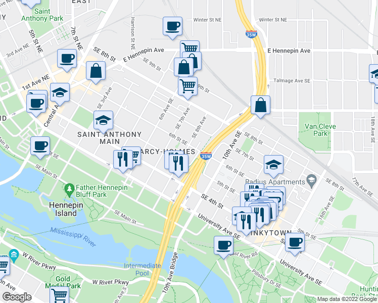 map of restaurants, bars, coffee shops, grocery stores, and more near 500 Southeast 8th Avenue in Minneapolis