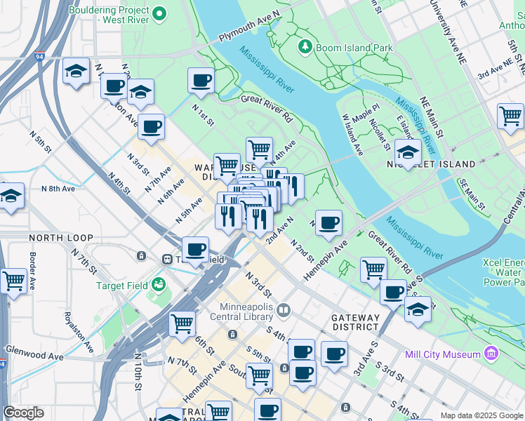 map of restaurants, bars, coffee shops, grocery stores, and more near 300 North 2nd Street in Minneapolis