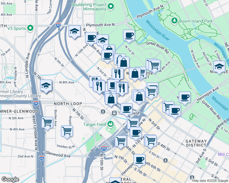 map of restaurants, bars, coffee shops, grocery stores, and more near 520 North 4th Street in Minneapolis