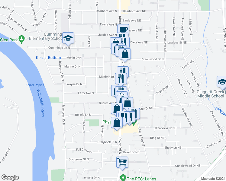 map of restaurants, bars, coffee shops, grocery stores, and more near 4131 River Road North in Keizer