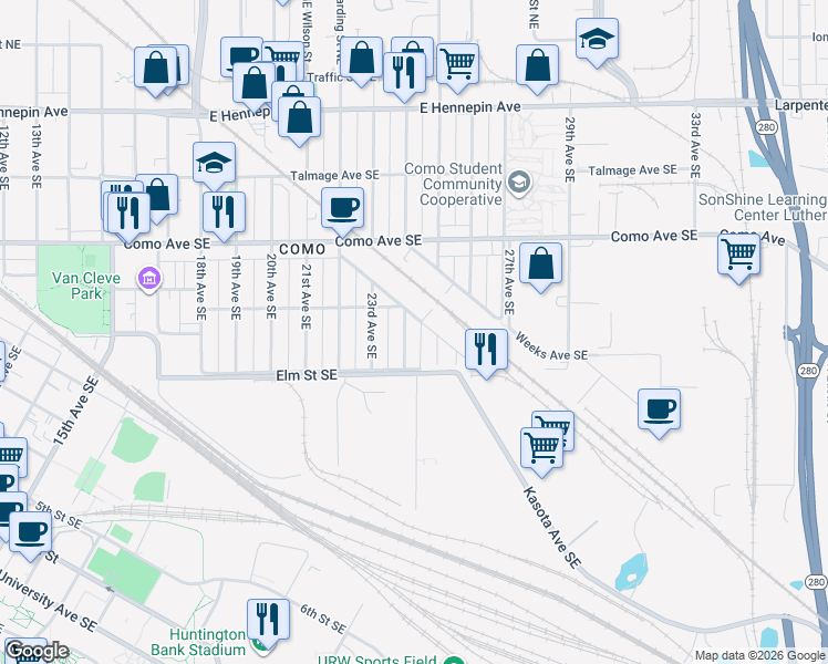 map of restaurants, bars, coffee shops, grocery stores, and more near 847 24th Avenue Southeast in Minneapolis