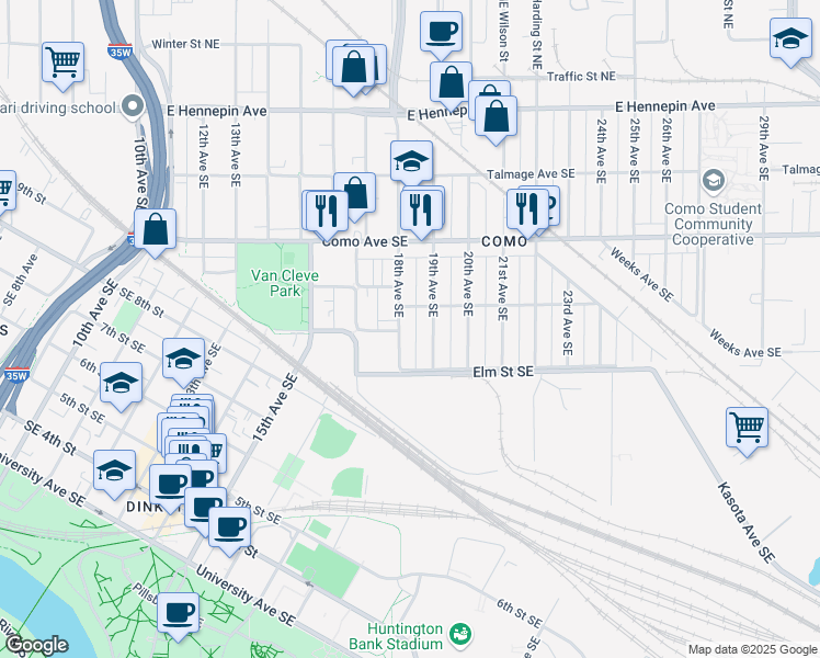 map of restaurants, bars, coffee shops, grocery stores, and more near 852 18th Avenue Southeast in Minneapolis